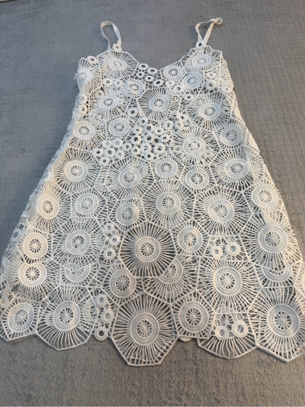 White Crochet Lace Mini Dress Beach Cover Up Open Back Boho Festival XS S